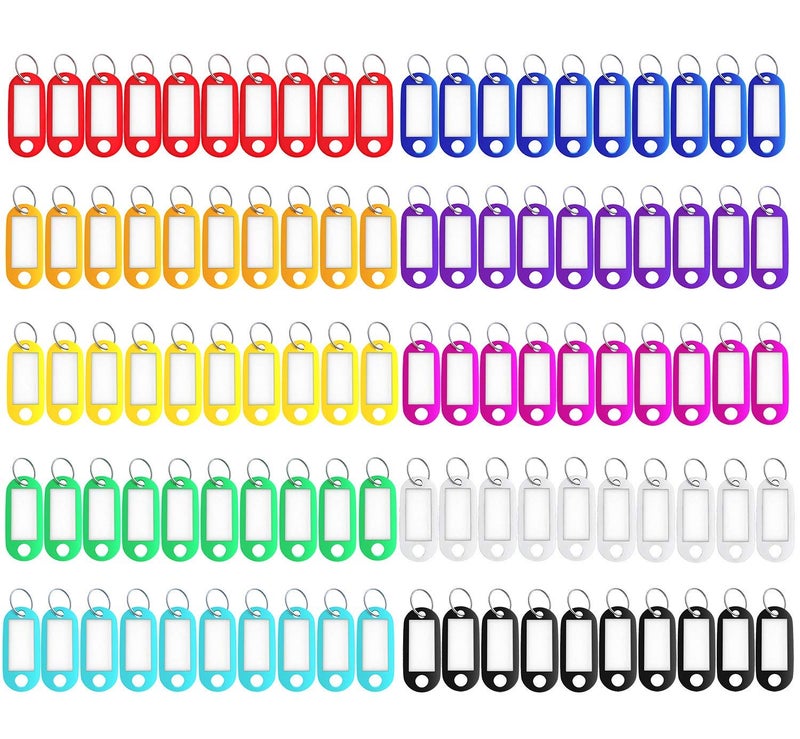 Eunhdet 150 Pack Plastic Key Tags with Labels, 10 Assorted Colors Key Labels Markers Keychain Label Name Identifiers ID Tags with Split Ring for USB Drive Pets Bags Luggage Suitcase Storage - Image 1